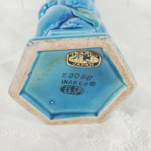 Vintage Inarco Pottery Blue Mood Indigo 8" Bud Vase E 3096 signed gold labels - Picture 10 of 11